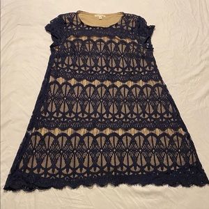Navy blue lace dress with nude slip